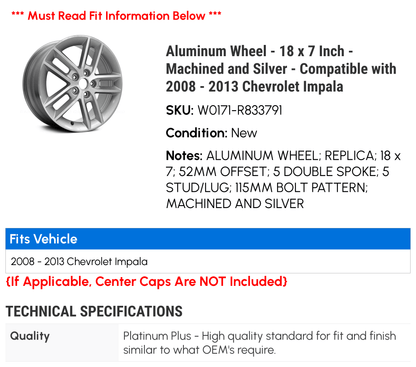 Aluminum Rim - 18 x 7 Inch - Machined and Silver - Compatible with 2008 - 2013 Chevy Impala 2009 2010 2011 2012