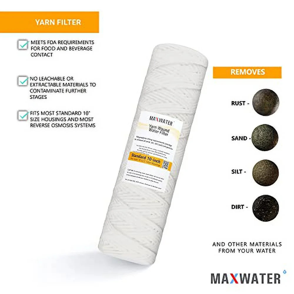 Standard 10"X2.5" String Sediment Water Filter (5 Micron), Hard Well, Whole House, WVO Biodiesel, Compatible With Standard RO Reverse Osmosis Systems, WH Systems