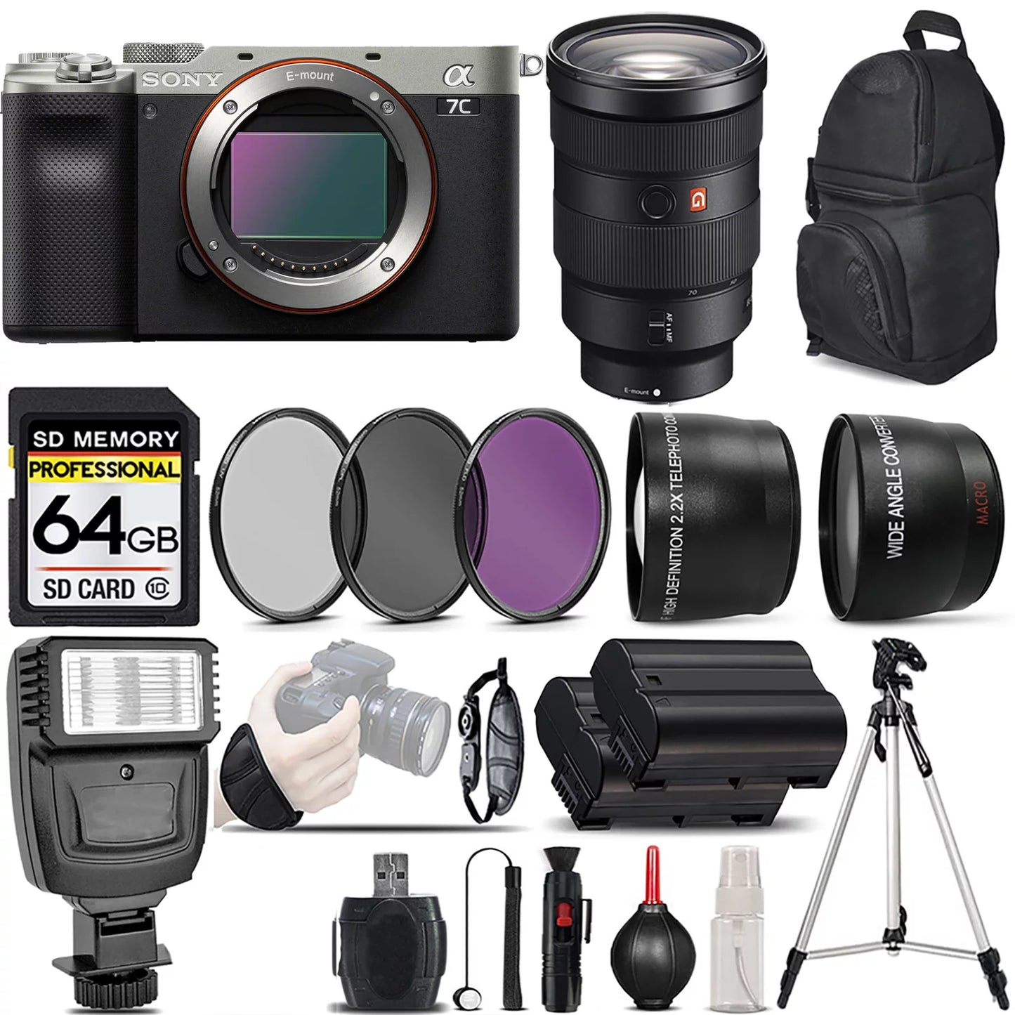 Sony a7C Camera (Silver) with 24-70mm f/2.8 GM Lens + 0.43X Wide Angle Lens + 2.2x Telephoto Lens + Flash + 64GB Memory Card + UV-CPL-FLD Filters + Wrist Grip - International Version