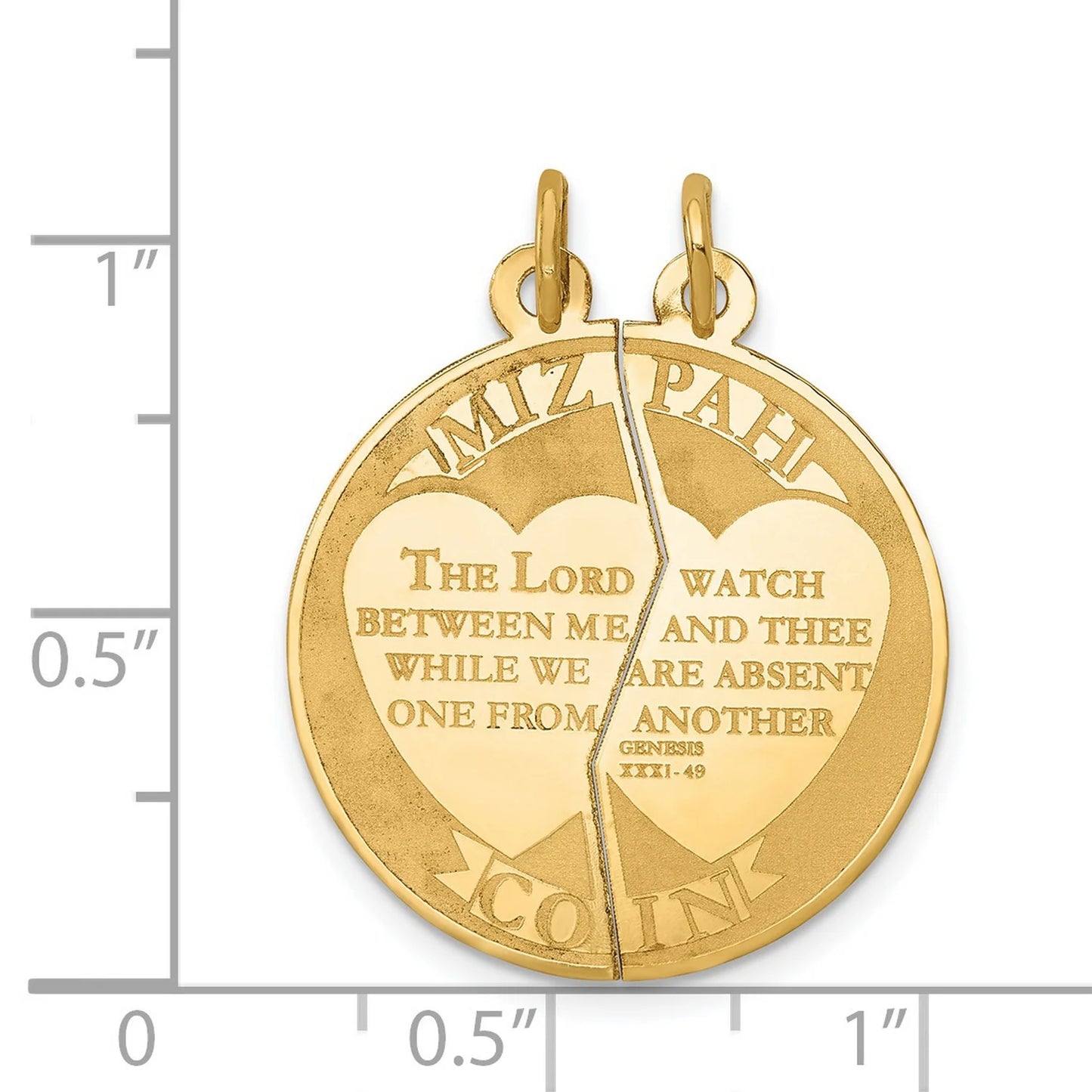 14k Yellow Gold Break Apart Mizpah Coin Emotional Bond Words Genesis 31:49 On Round Pendant 29 mm x 23 mm