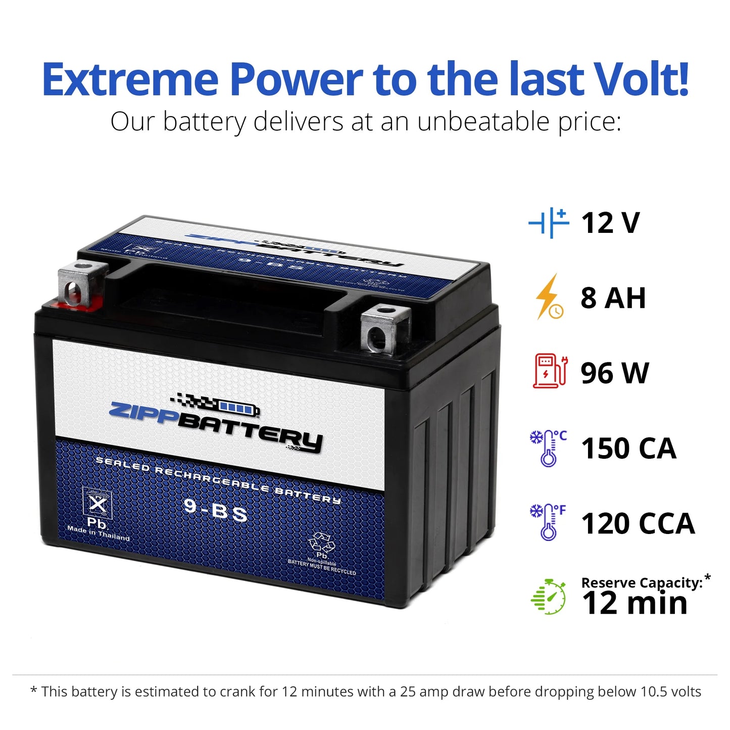 Zipp Battery YTX9-BS (9-BS 12 Volt,8 Ah, 120 CCA) Motorcycle Battery for Yamaha 600cc Xt600e 1995