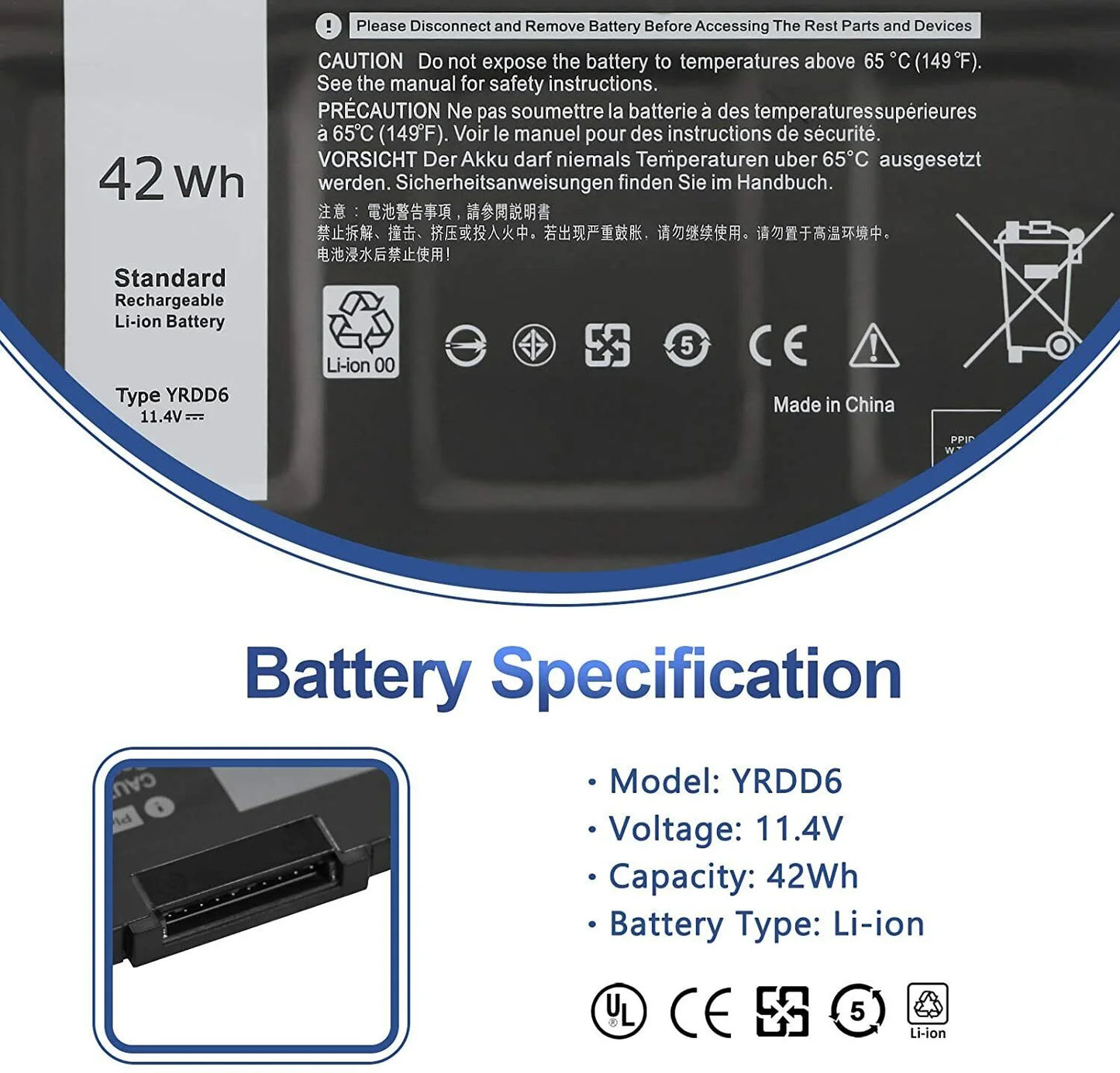 42Wh YRDD6 0YRDD6 Battery For Latitude 3310 Inspiron 5482 5485 5491 5591