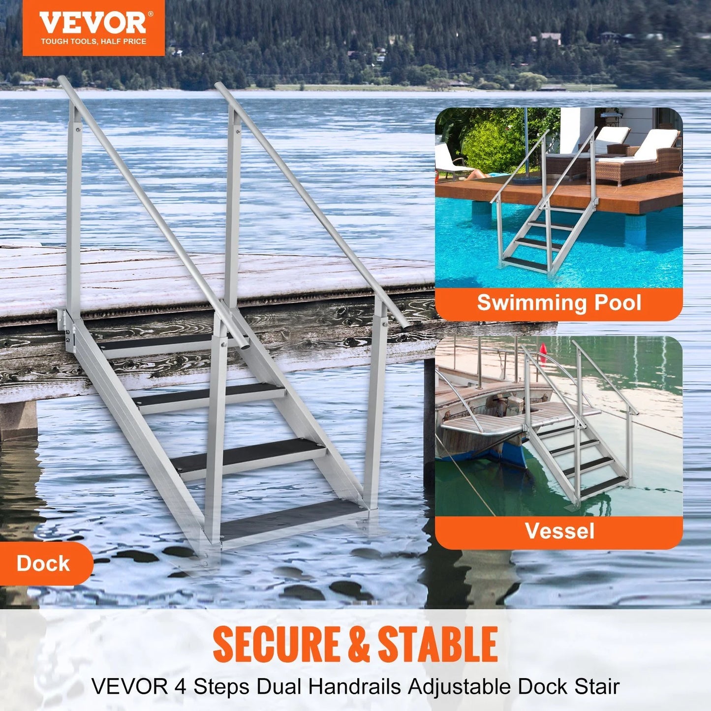 Vevor Dock Stairs 30-38 in. Adjustable Height, 500 lbs Load Capacity Dock Ladder 4 Step