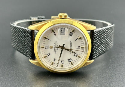 Rolex Oyster Perpetual Date 34mm White Dial Vintage Gold Shell Men's Watch 15505