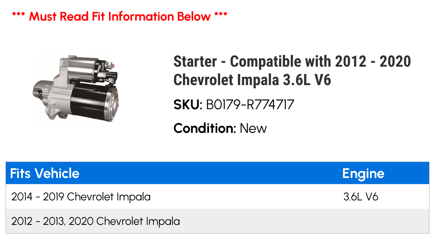 Starter - Compatible with 2012 - 2020 Chevy Impala 3.6L V6 2013 2014 2015 2016 2017 2018 2019