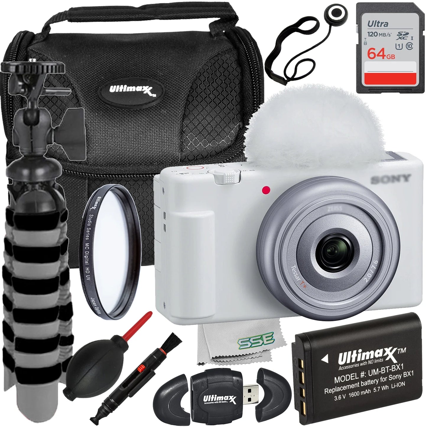 Ultimaxx Starter Sony ZV-1F Camera Bundle (White) - Includes: 64GB Ultra Memory Card, Replacement Battery, Protective UV Filter & More (15pc Bundle)