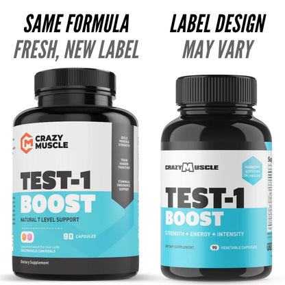 Test-1 Boost by Crazy Muscle: 100% Natural Testosterone Booster to Build Muscle - 90 Capsules