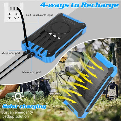 Solar Power Bank 20000mAh Built-in 4 Cables Qi Wireless Charger For Ulefone Armor Mini 2 with LED Flashlight Solar Portable External Battery IPX4 Waterproof 15W 5V/3A USB C Port 6 Outputs 3 Inputs