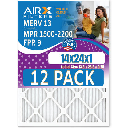 14x24x1 Air Filter MERV 13 Rating, 12 Pack of Furnace Filters Comparable to MPR 1500 - 2200 & FPR 9 - Made in USA by AIRX FILTERS WICKED CLEAN AIR.