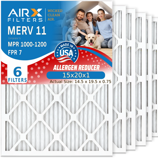 15x20x1 Air Filter MERV 11 Comparable to MPR 1000, MPR 1200 & FPR 7 Electrostatic Pleated Air Conditioner Filter 6 Pack HVAC Premium USA Made 15x20x1 Furnace Filters by AIRX FILTERS WICKED CLEAN AIR.