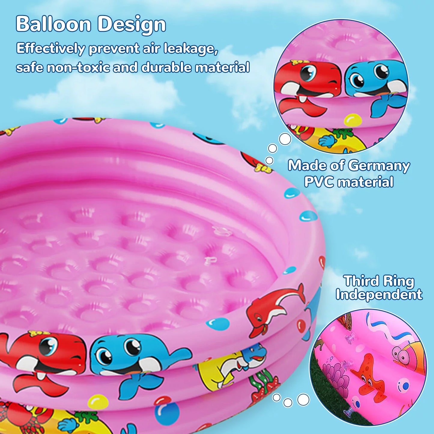 Round Inflatable Baby Swimming Pools, 47"x12" 3 Ring Portable inflatable Swimming Pool for Kids, Kiddie Paddling Pool Indoor&Outdoor Toddler Water Game Play Center for Kids/Girls/Boys,Pink