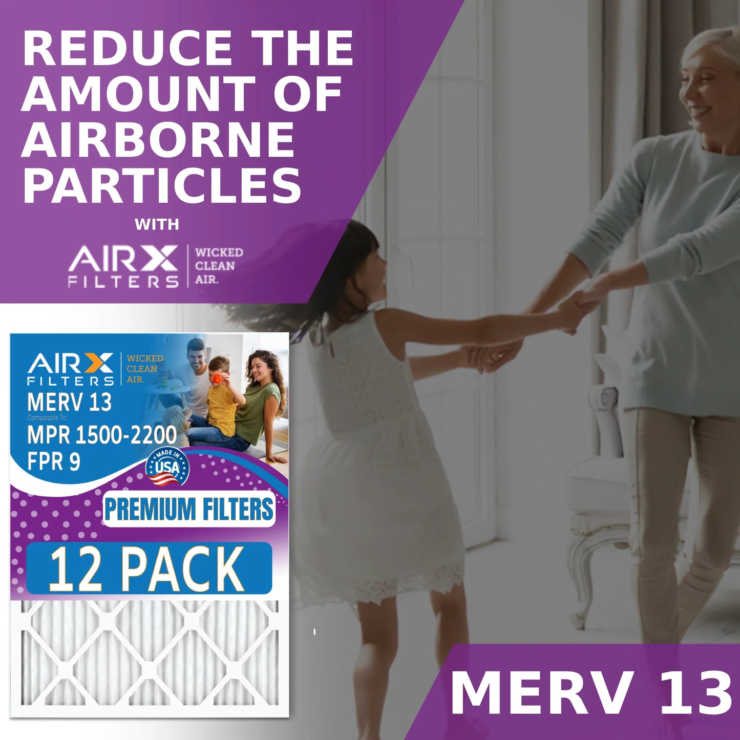 20x25x2 Air Filter MERV 13 Rating, 12 Pack of Furnace Filters Comparable to MPR 1500 - 2200 & FPR 9 - Made in USA by AIRX FILTERS WICKED CLEAN AIR.