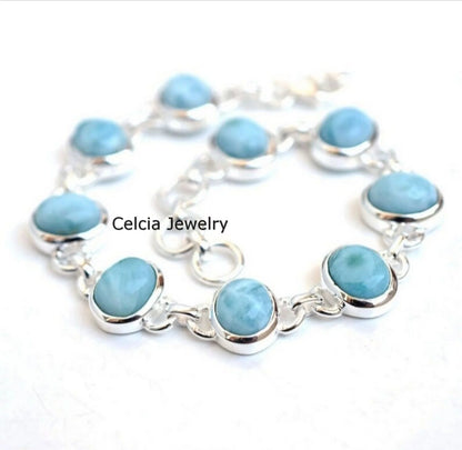 Solid 925 Sterling Silver Bracelet For Men Women, Genuine Oval Blue Larimar Multiple Gemstone Unique Handcrafted Bracelet For Her Him