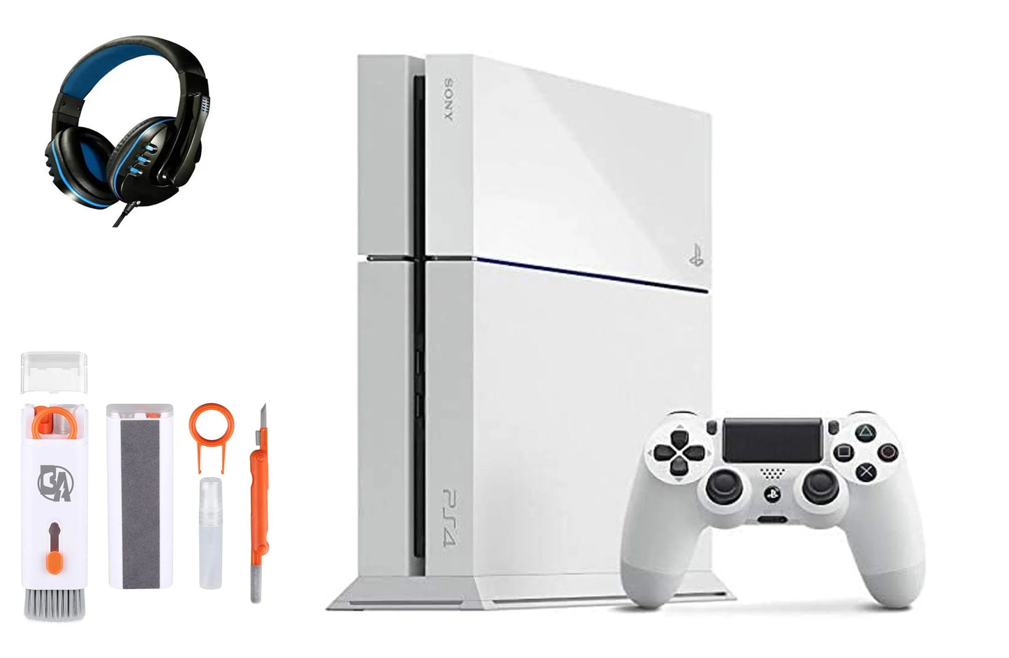 Sony PlayStation 4 500GB Gaming Console White Headset with BOLT AXTION Cleaning Kit Bundle Like New