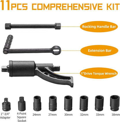 RUseeN 1:64 Torque Multiplier Wrench Set - 1 Inch Drive Heavy Duty Torque Multiplier Wrench - 3,688 ft/lbs (4800 N/M) Labor Saving Lug Nut Wrench Set - Includes 8pc Socket Set (24-38MM)