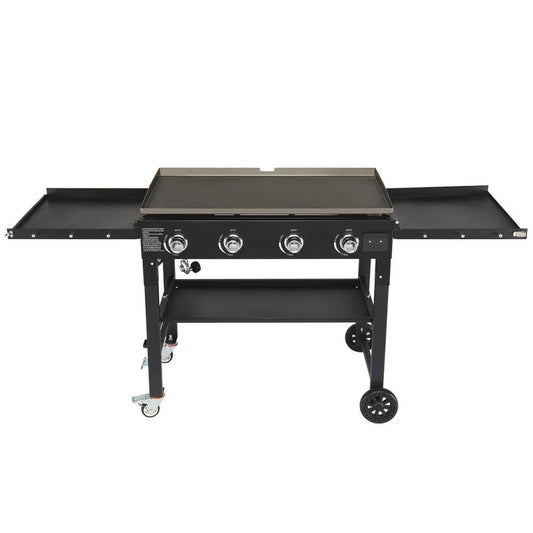 SYTHERS 4-Burner Foldable BBQ Propane Grill with Side Shelves & Spice Rack, Stainless Steel, for Outdoor Patio Garden Picnic