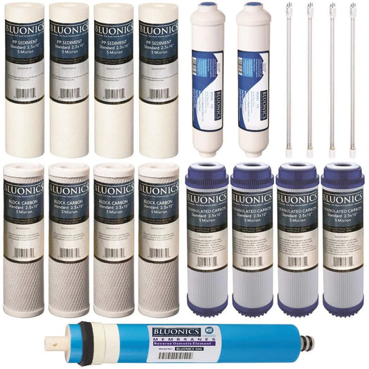 Bluonics 19 pcs Replacement Water Filter Set for our 6 Stage UV Reverse Osmosis System 50GPD