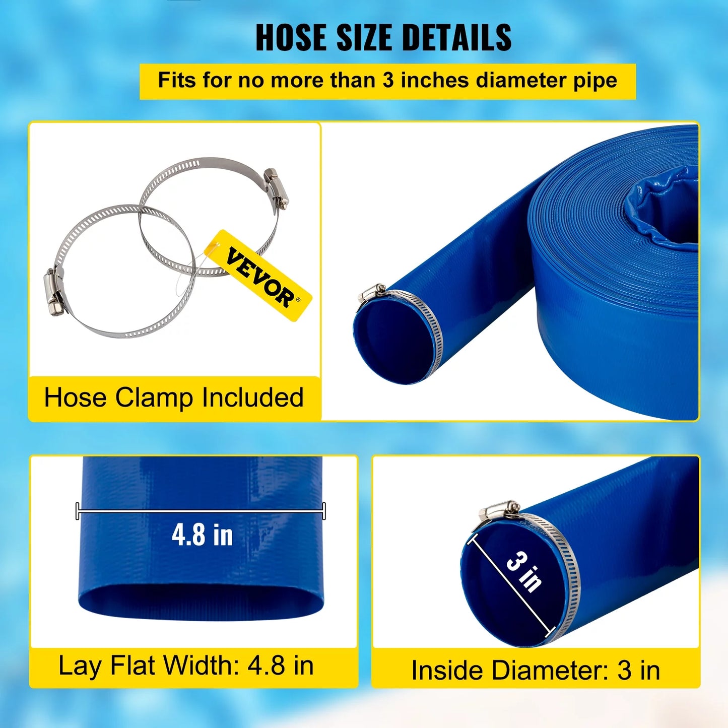 BENTISM Discharge Hose, 3" x 105', PVC Fabric Lay Flat Hose, Heavy Duty Backwash Drain Hose with Clamps, Weather-proof & Burst-proof, Ideal for Swimming Pool & Water Transfer