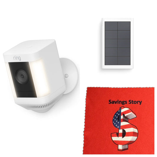 Ring_Video Spotlight Plus Battery Camera & Solar Panel Bundle with Savings Story Cleaning Cloth, Night Vision, HD, Wifi, Security