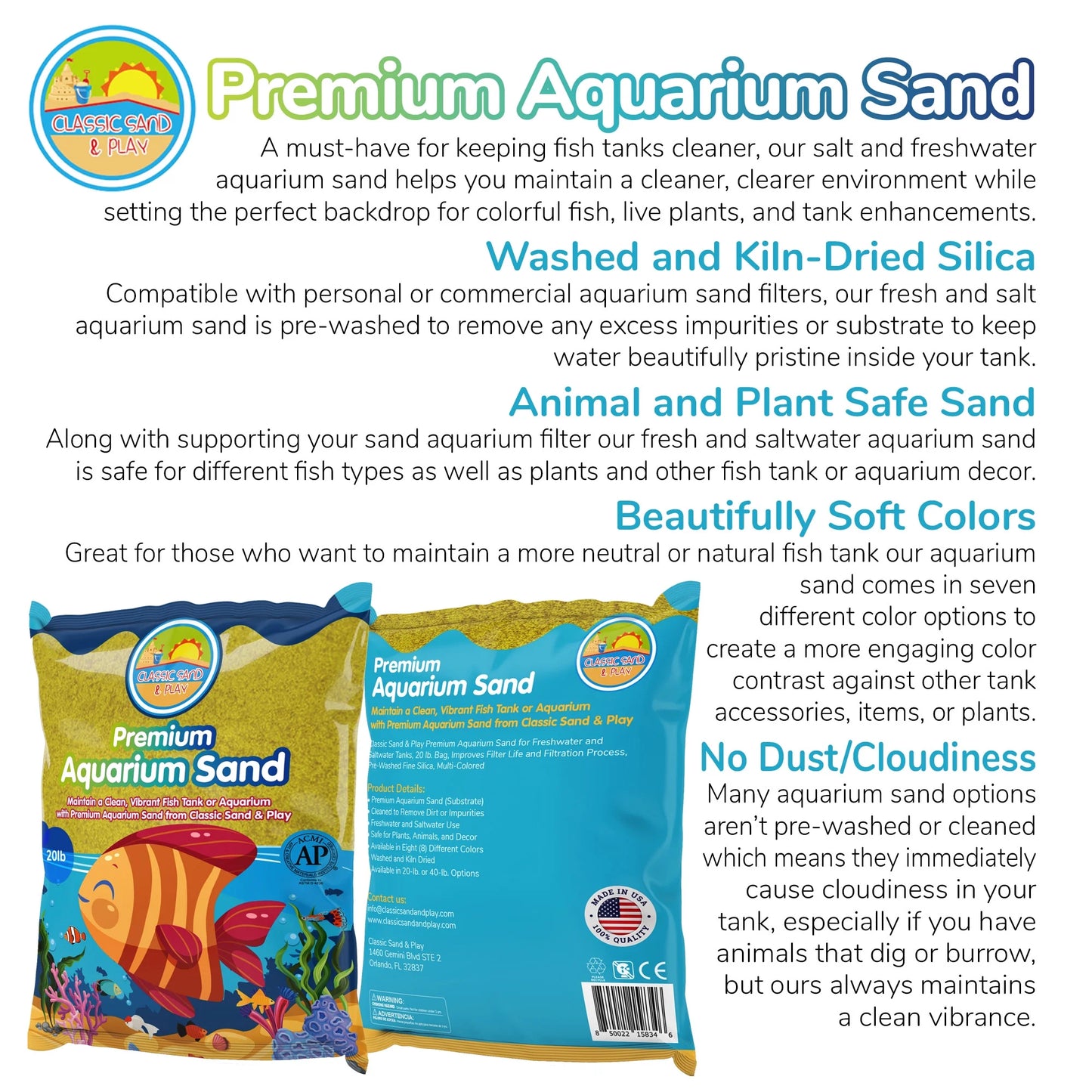 CLASSIC SAND & PLAY Natural Aquarium Sand for Freshwater and Saltwater Tanks, 20 lb. Yellow