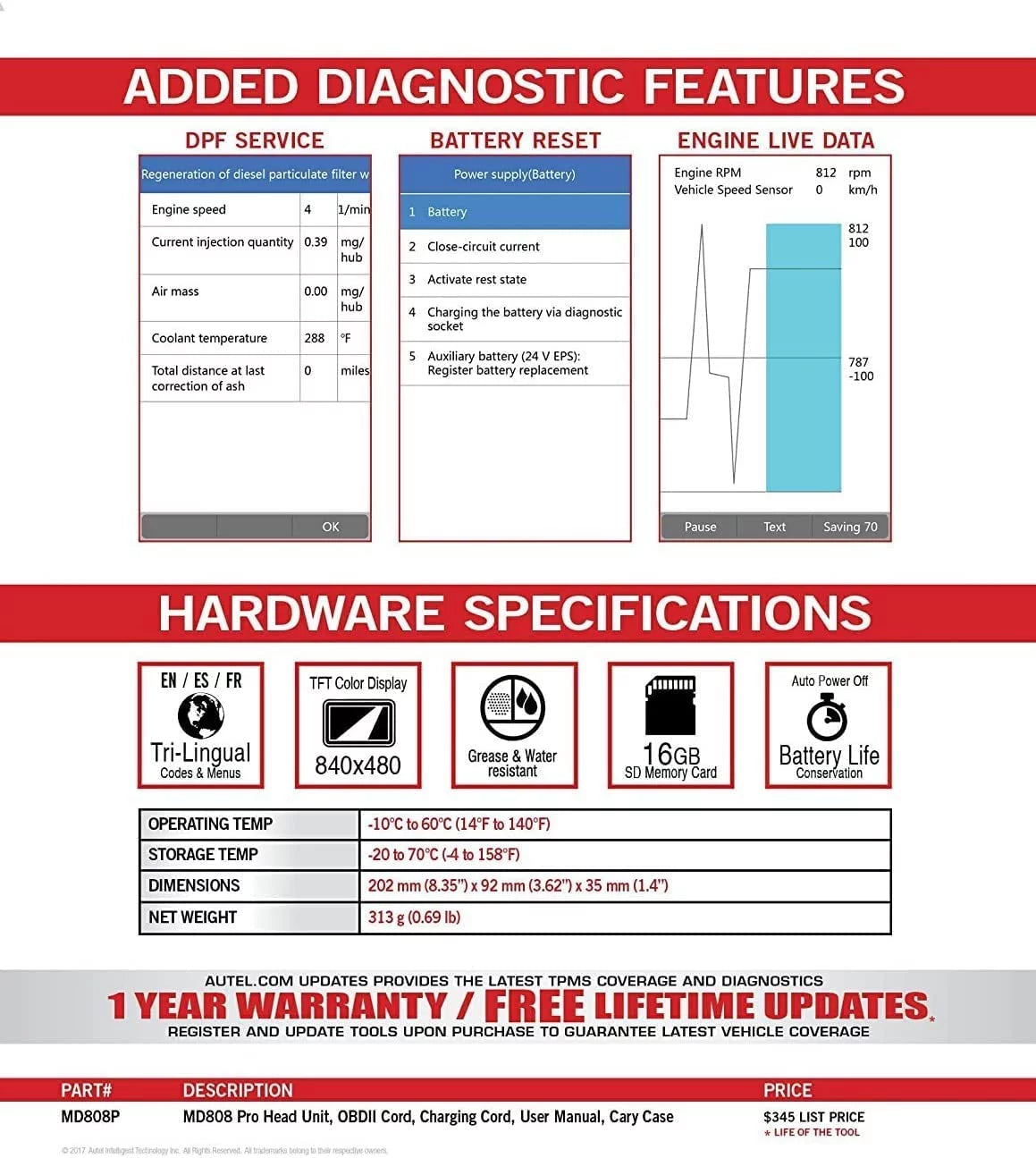 Autel MaxiDiag MD808 Pro OBD2 Scanner EPB/ Oil Reset Battery Registration and Reset Parking Brake Pad Relearn Diesel Particulate Filter Regeneration Steering Angle Relearn Read/Clear Codes Live Data