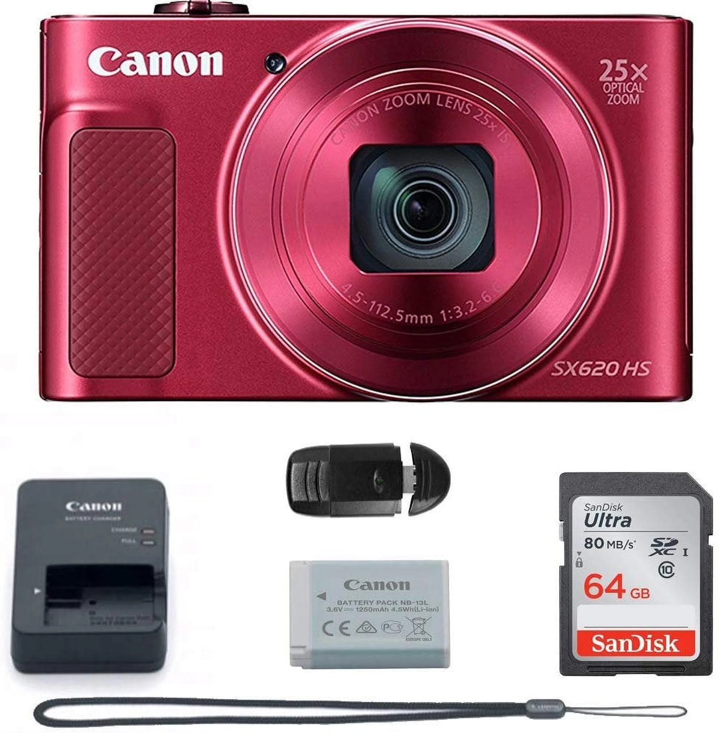 Canon PowerShot SX620 Digital Camera w/25x Optical Zoom - Wi-Fi & NFC Enabled (RED) - Memory Card Bundle (Camera + 64GB Memory Card) Buzz Photo Basic Bundle