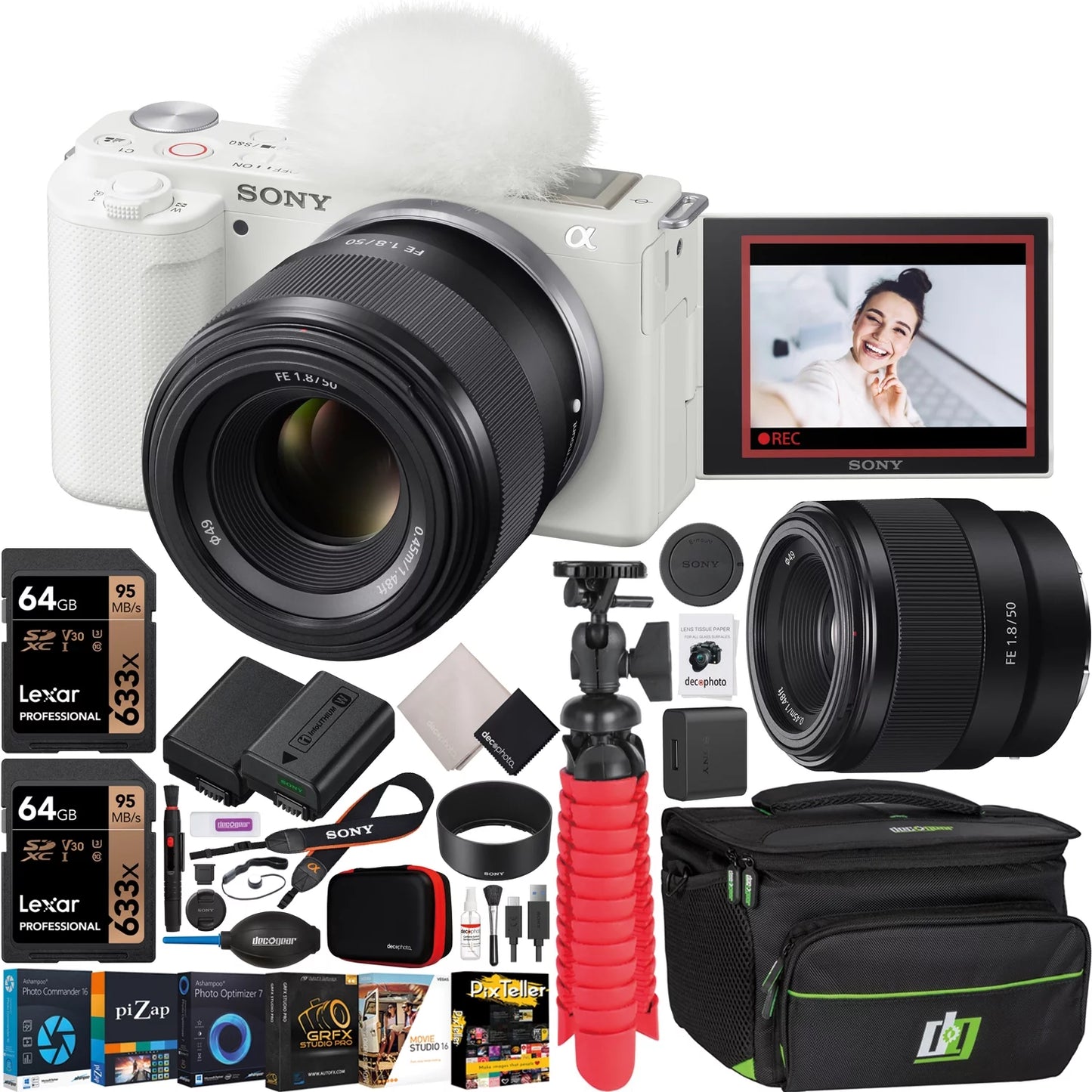 Sony ZV-E10 Mirrorless Alpha APS-C Vlog Camera Body and 50mm F1.8 Large Aperture FE Lens SEL50F18F ILCZV-E10/W White Bundle with Deco Gear Case + Extra Battery + Photo Video Accessories Kit