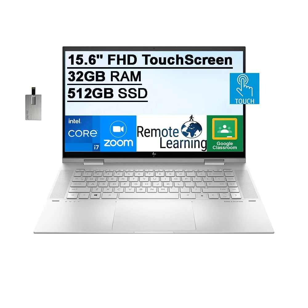 2021 Envy 2-in-1 15.6" FHD Touchscreen Laptop Computer, 11th Gen Intel Core i7-1195G7, 32GB RAM, 512GB PCIe SSD, Backlit Keyboard, Intel Iris Xe Graphics, HD Webcam, Win 11, Silver, 32GB USB Card