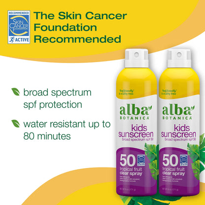 Alba Botanica Kids Sunscreen For Face And Body, Tropical Fruit Sunscreen Spray For Kids, Broad Spectrum Spf 50, Water Resistant And Hypoallergenic, 6 Fl. Oz. Bottle (Pack Of 2).