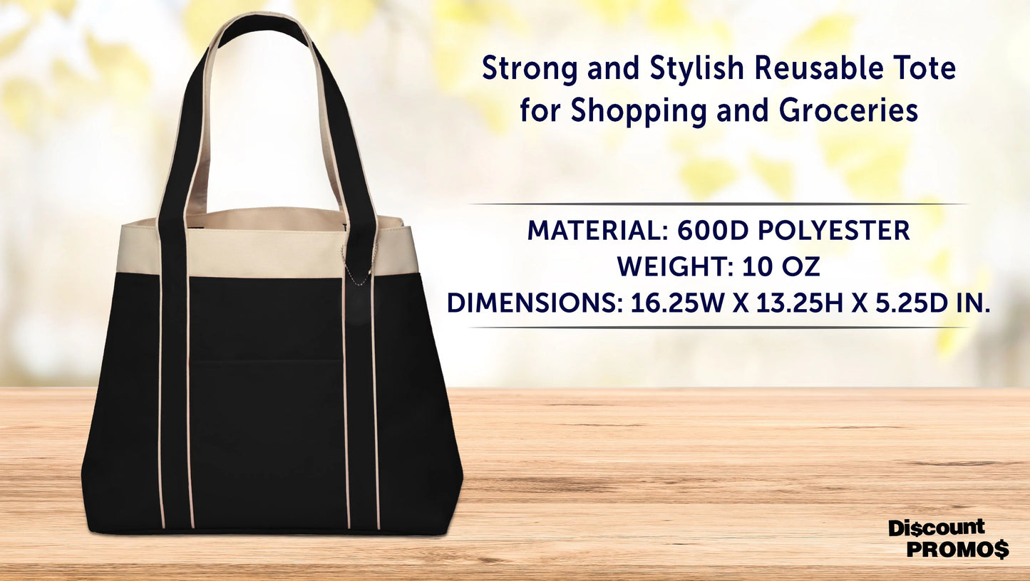 6 Donna Polyester Tote Bags Set - Two Tone, Reinforced Straps, Wide Gusset, Everyday Use - Black