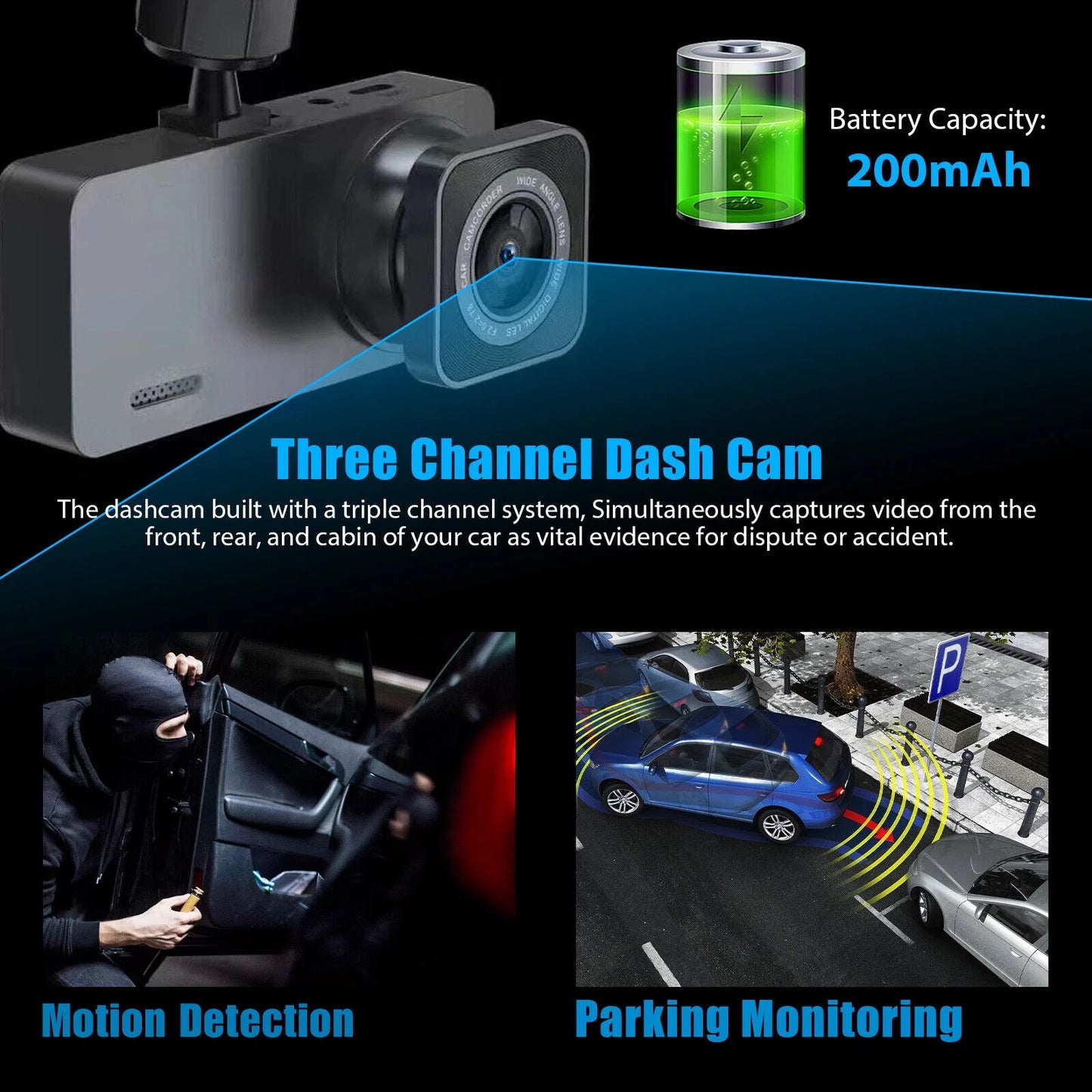 1080P 3 Lens Car DVR Dash Cam Front Rear Inside Camera Video Recorder G-Sensor