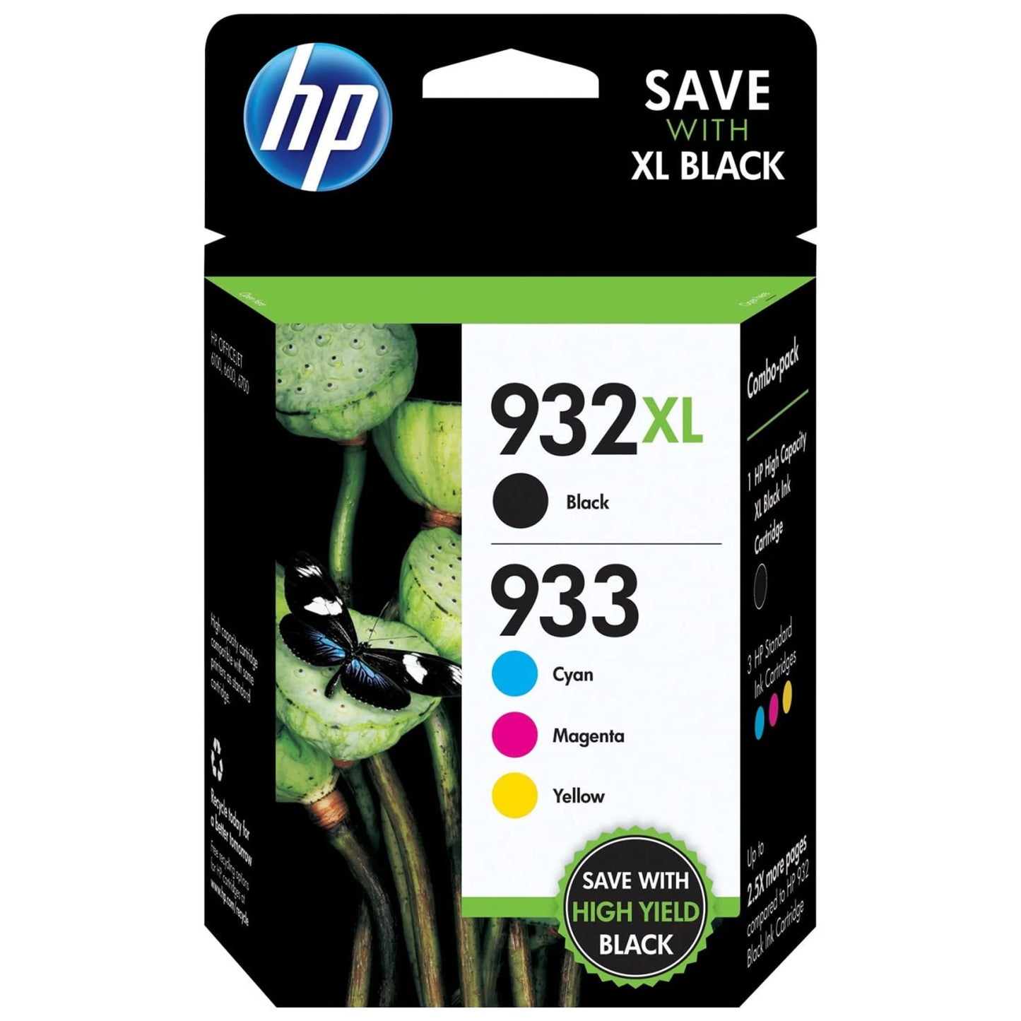 932XL/933 High Yield Black and Standard Cyan, Magenta, Yellow Color Ink Cartridges