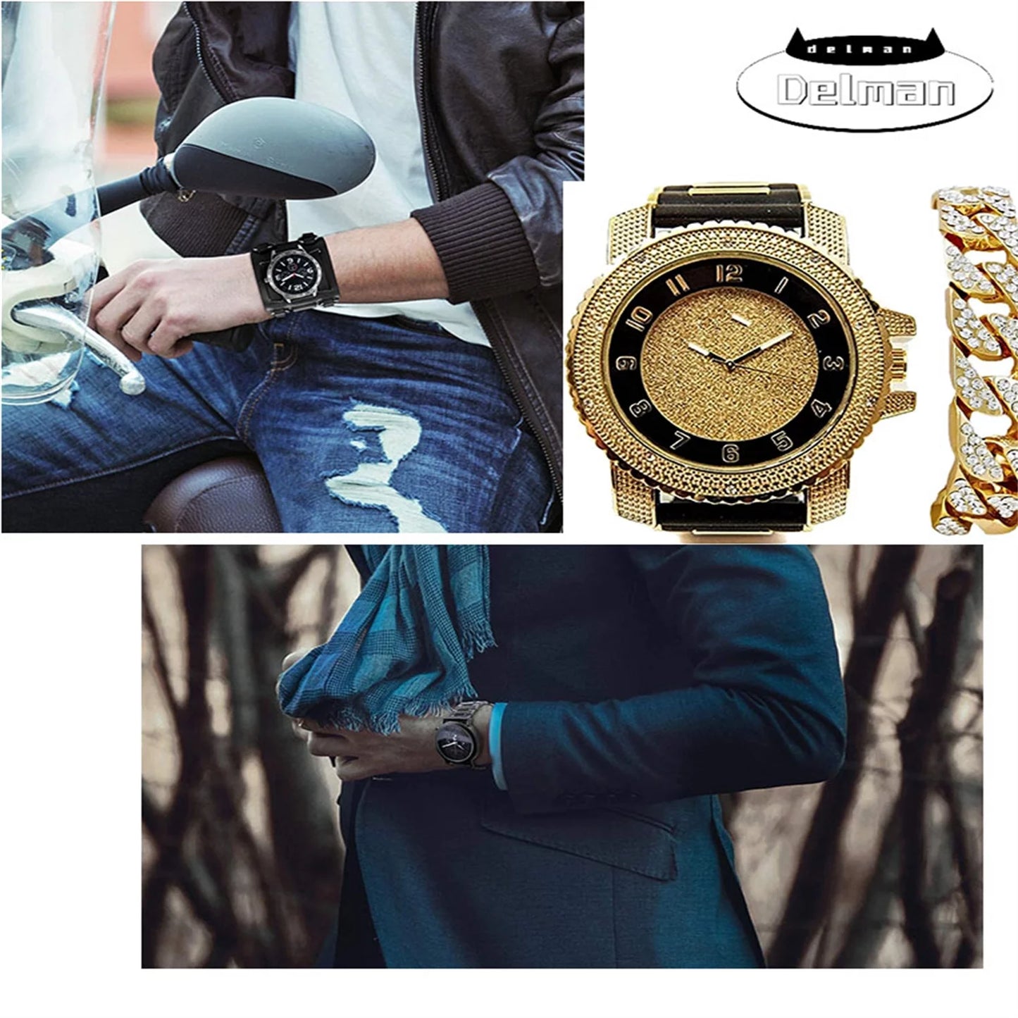 Bling-ed Out Black Rubber Hip Hop Bullet Gold Tone Watch w/Bling'd Out Gold Cuban Bracelet