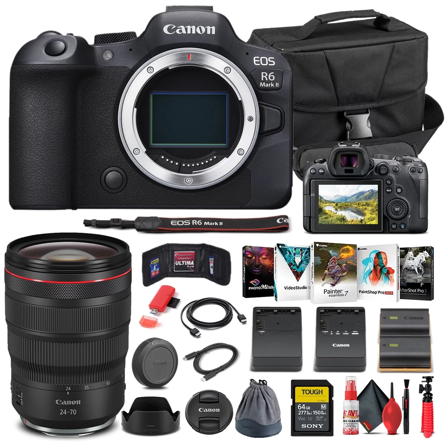 Canon EOS R6 Mark II Mirrorless Camera (5666C002) + Canon RF 24-70mm Lens + 64GB Memory Card + Case + Corel Photo Software + LPE6 Battery + External Charger + Card Reader + More