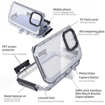 Upgrade One-Way Valve Diving Case for iPhone 15 Pro / 14/14 Pro / 13/13 Pro / 12/12 Pro Waterproof Housing,40m/130ft Underwater Diving Case IP68 Waterproof Shockproof Dustproof