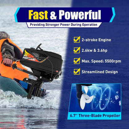 2 Stroke 3.6 Gasoline Outboard Motor, 55cc Fishing Boat Engine with Water Cooling System Clutch Control Black