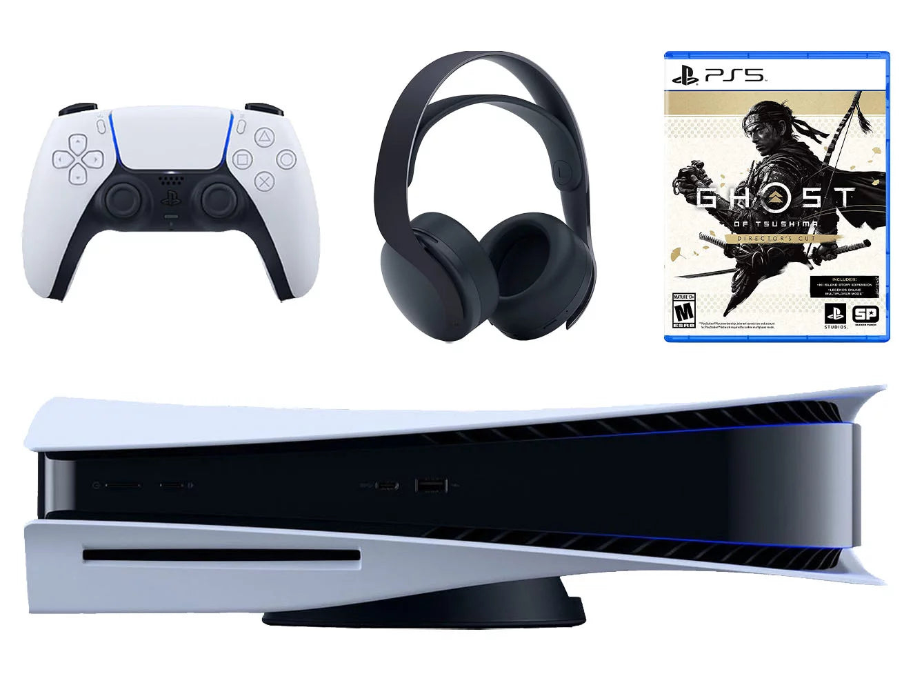 Sony Playstation 5 Disc Version Console with Black PULSE 3D Wireless Gaming Headset and Ghost of Tsushima Director's Cut