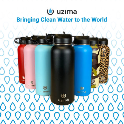 Uzima - Z-Source Filtered Water Bottle for Hiking, Backpacking, Camping, and Travel. Water Purification on the Go. Large 32oz Capacity with Double-Walled Stainless Steel Exterior. (Camo)