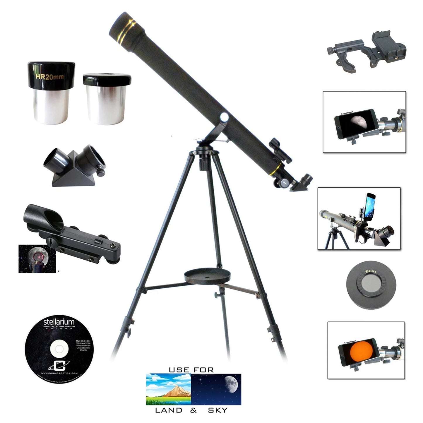 Cassini 800mm x 60mm Day/Night telescope kit with Smartphone Adapter and Solar Filter Cap