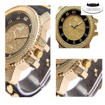 Bling-ed Out Black Rubber Hip Hop Bullet Gold Tone Watch w/Bling'd Out Gold Cuban Bracelet