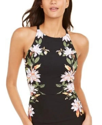 Calvin Klein ROSEWOOD BLACK Printed High-Neck Crossback Tankini Top, US X-Small