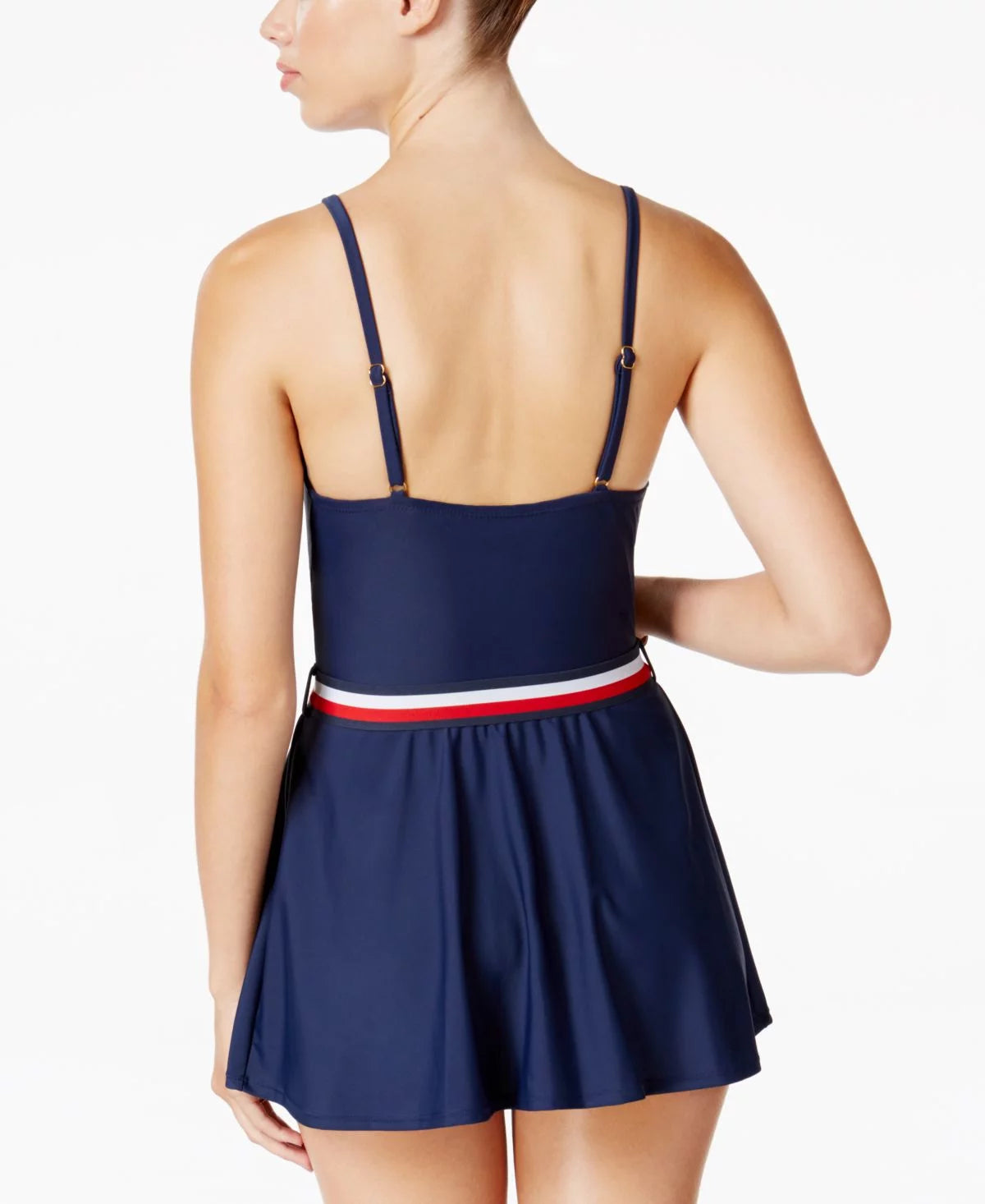 TOMMY HILFIGER Women's Belted One Piece Dress Swimsuit, Blue, 10