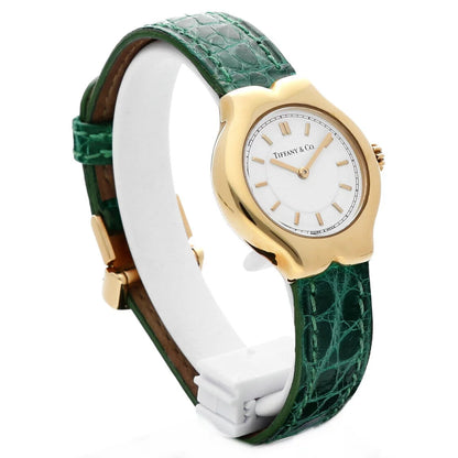 Tiffany&amp;Co Tesoro L0130 18k Yellow Gold Case White Dial Leather Ladies Watch