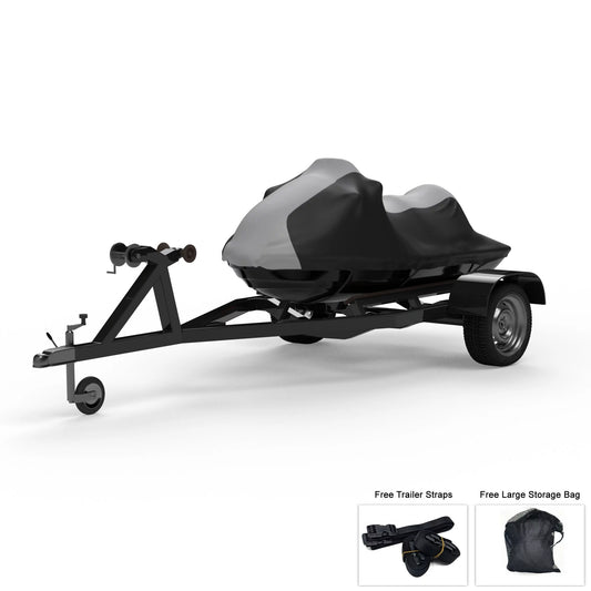 Weatherproof Jet Ski Cover For SEA DOO GTI SE 155 130 2014-2016 - GRAY / Black Color - All Weather - Trailerable - Protects from Rain, Sun, UV Rays, And More! Includes Trailer Straps And Storage Bag