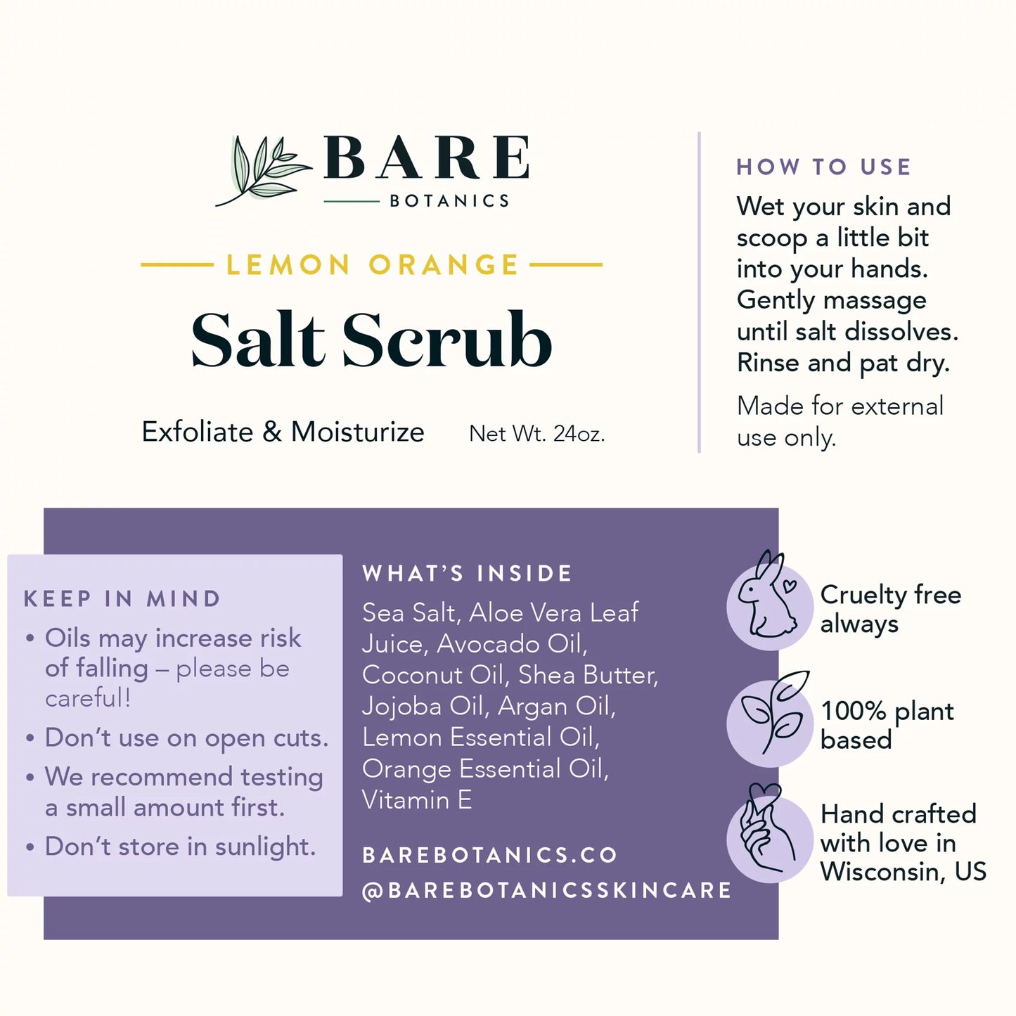 Bare Botanics Body Scrub Lemon Orange Sea Salt Scrub 24 oz