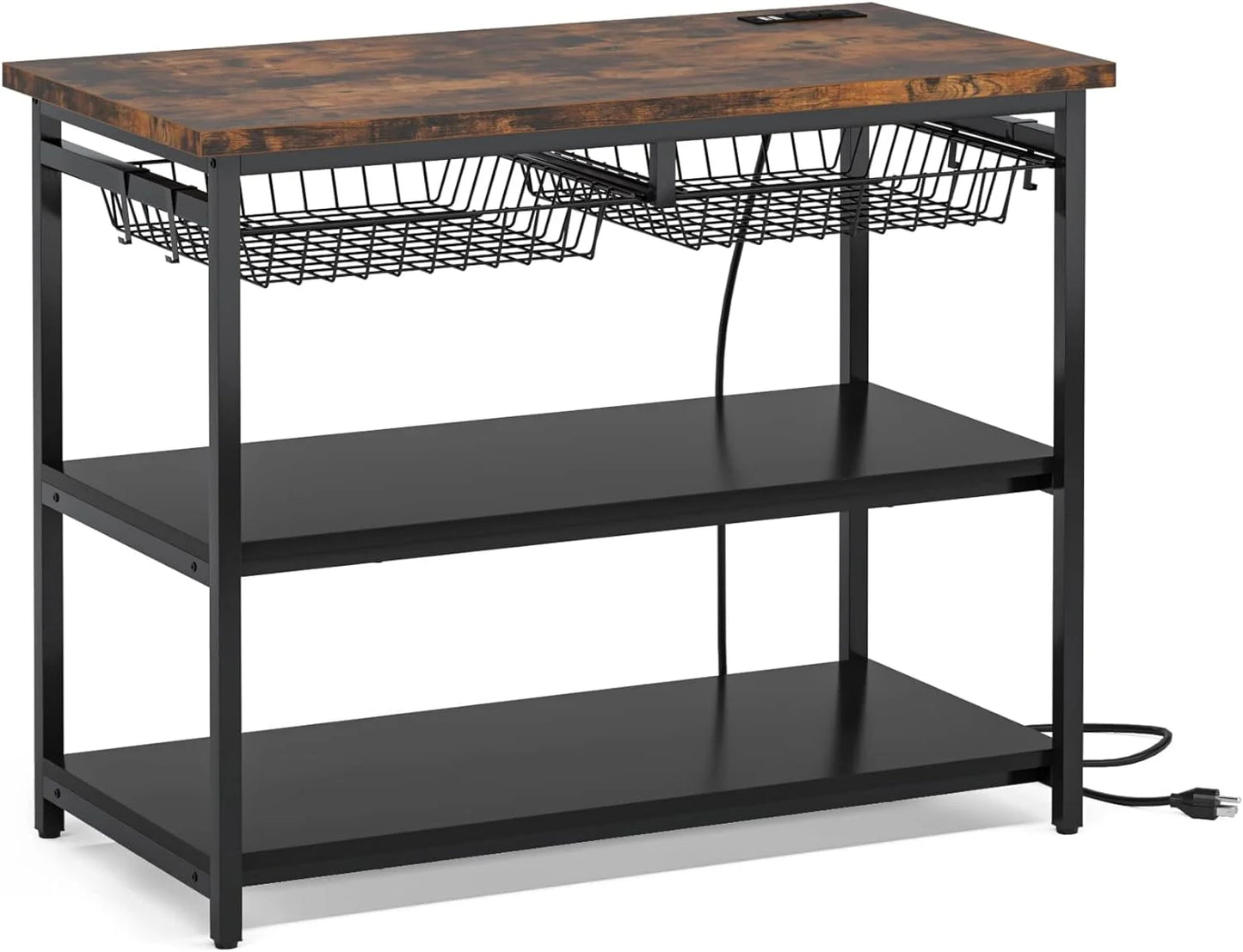 STCKJXX Kitchen Island with Industrial Island Table with Power Outlets and Wire Baskets 3 Tier Microwave Oven Stand Butcher Block Island with Large Worktop 4 Hooks Rustic Brown