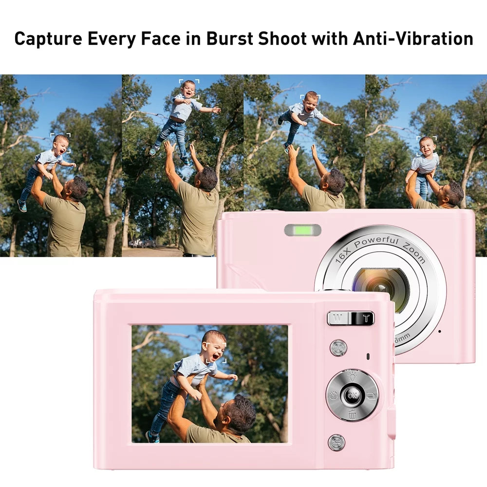 ACTITOP Kids Digital Camera, FHD 1080P 36MP 16X Digital Zoom, Compact Mini Camera (Pink)