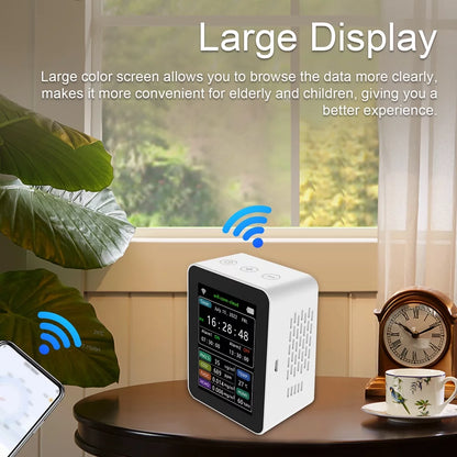 Tuya Wifi Intelligent Air Quality Detector Pm2.5 Co2 Tvoc Hcho Temperature Humidity 6 In 1 Detector Time Date Week Display Mobilephone App Remotes Viewing 2 Sets Alarm Clock Home Indoor Desk