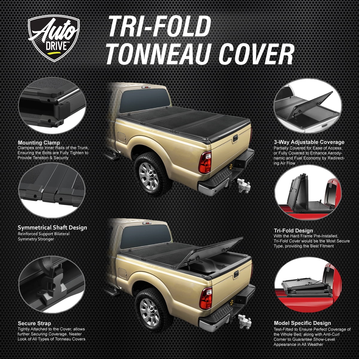 Auto Drive Hard Tri Fold Truck Bed Tonneau Cover Fits 09-18 Ram 1500 / 19-22 Ram 1500 Classic / 10-16 Dodge Ram 2500 3500 5.7Ft Short Beds