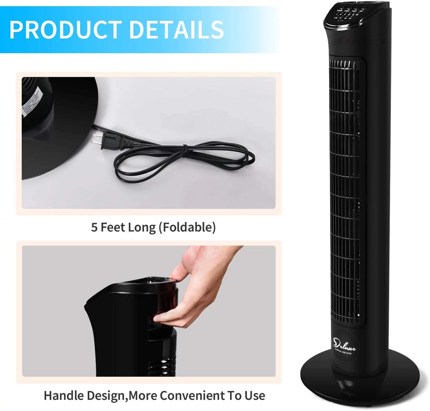 Simple Deluxe 32"Tower Fan with Remote, 90° Oscillating Fan with 4 Speeds, Bladeless Fan, Standing Floor Fans, Black